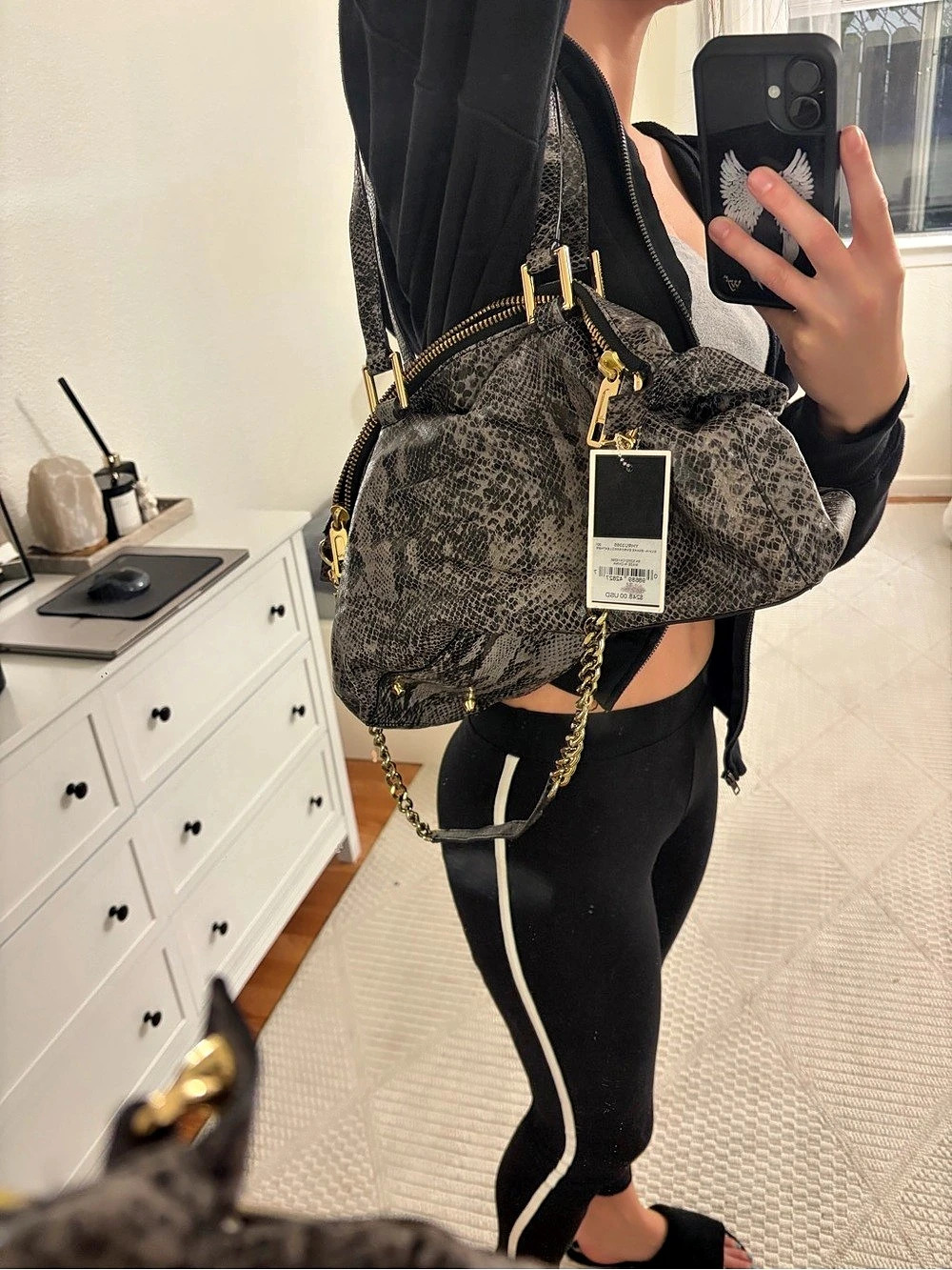 Juicy Couture Silvia Snake Embossed Leather Satchel Gray & Black